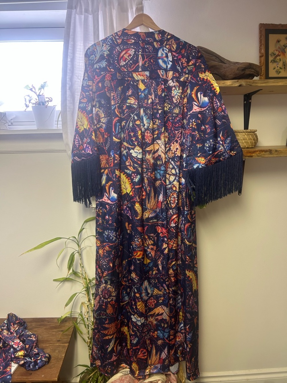 Anthropologie Navy Floral Fringe Robe